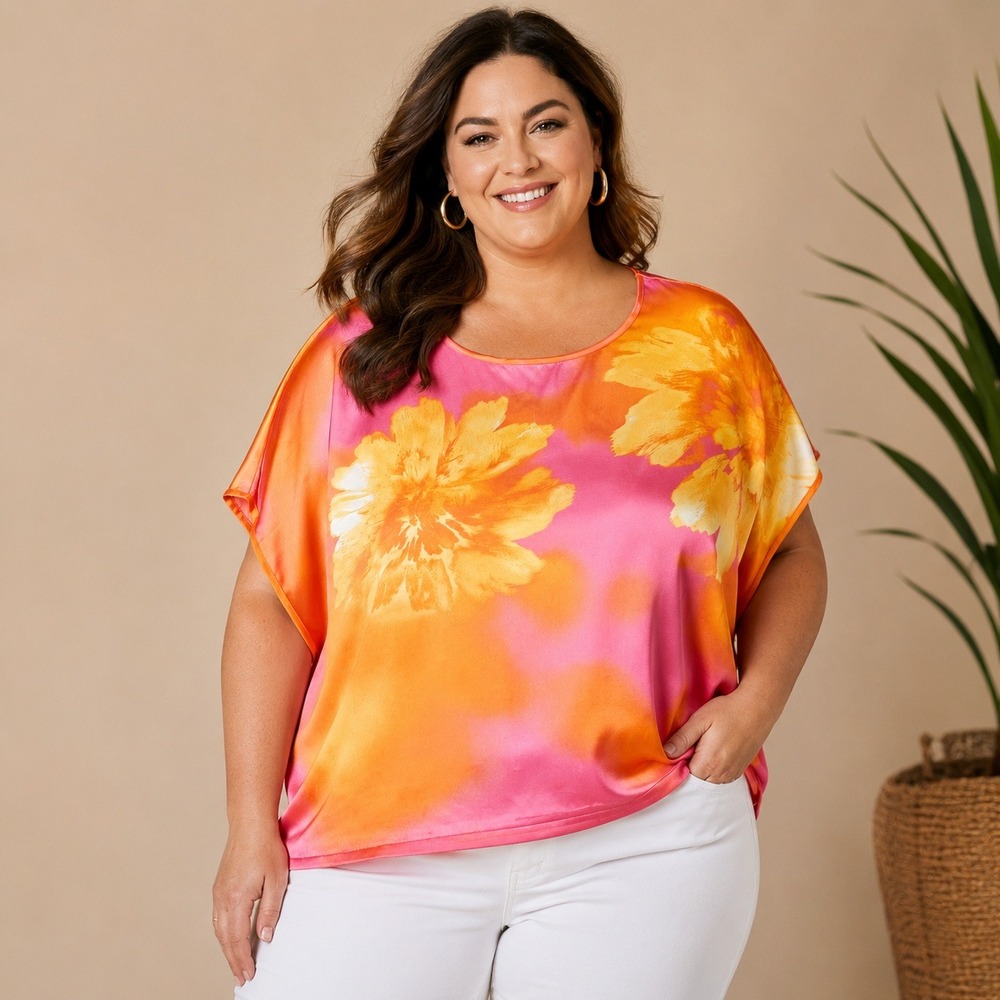 INC International Concepts Womens Pink Orange Floral Satin Boxy Top Size 14